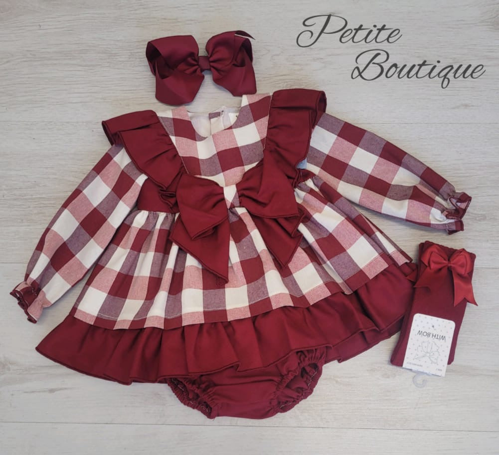 Spanish burgundy check frill dress & matching pants