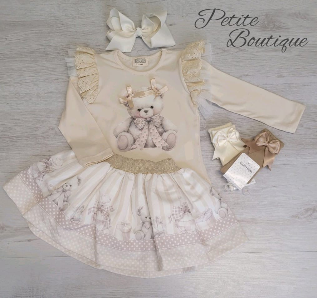 Beige double bow bear top & skirt set