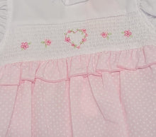 Load image into Gallery viewer, Pink/white smocked romper