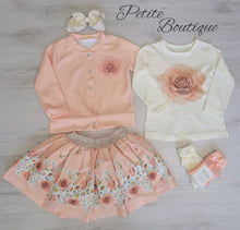 Load image into Gallery viewer, Girls peach floral 3pc set top, skirt &amp; cardigan