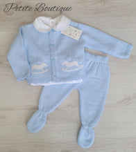 Load image into Gallery viewer, Spanish blue rocking horse 3pc set vest, knit cardigan &amp; bottoms