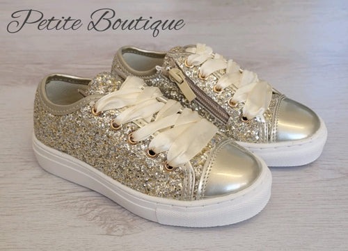 Gold glitter ribbon lace trainers