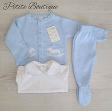 Load image into Gallery viewer, Spanish blue rocking horse 3pc set vest, knit cardigan &amp; bottoms