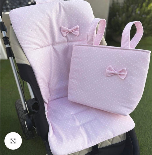 Spanish pink pushchair liner and pram bag set