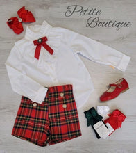 Load image into Gallery viewer, Older girls bow shirt &amp; tartan short set