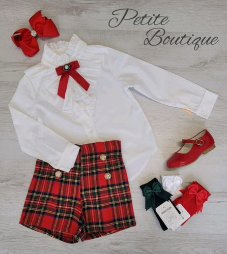 Older girls bow shirt & tartan shirt set