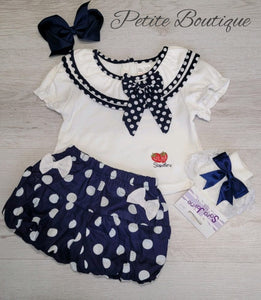 White/navy polka dot top & short set