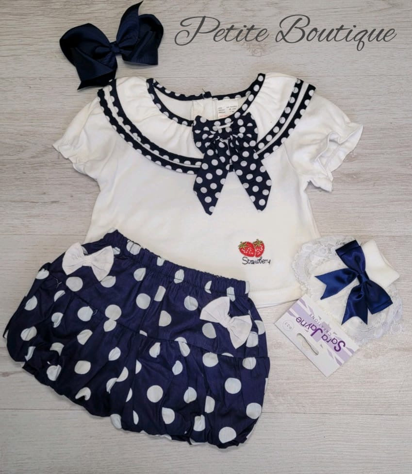 White/navy polka dot top & short set