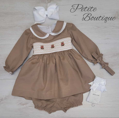 Teddy bear smock dress, pants & headband
