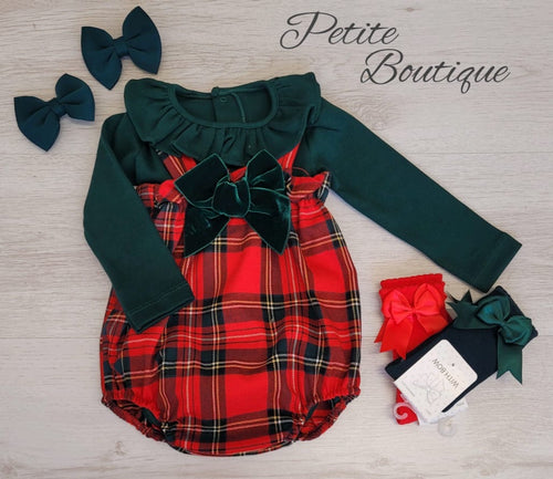 Spanish dark green vest & tartan romper set