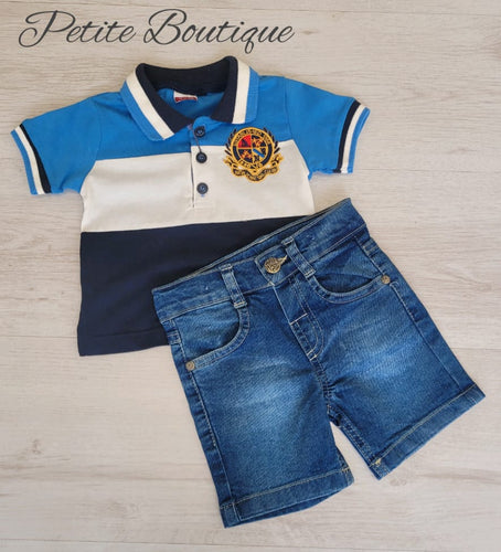 Boys blue polo shirt & jean shorts set