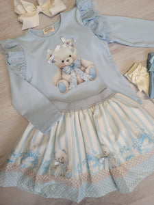 Light blue double bow bear top & skirt set