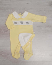 Load image into Gallery viewer, Lemon/white elephant smock babygrow &amp; hat