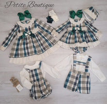 Load image into Gallery viewer, Spanish green/cream check dress, pants &amp; bonnet set