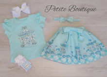 Load image into Gallery viewer, Mint green carousel top, skirt &amp; headband set