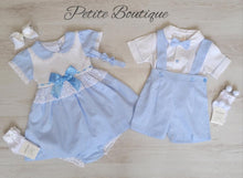 Load image into Gallery viewer, Blue/white bow smock dress, pants &amp; headband