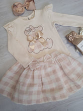 Load image into Gallery viewer, Beige ribbon teddy bear top &amp; check skirt set
