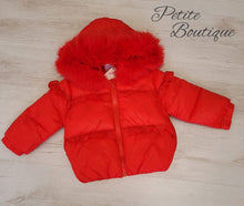 Load image into Gallery viewer, Girls red padded coat with faux fur trim hood