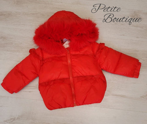 Girls red padded coat with faux fur trim hood