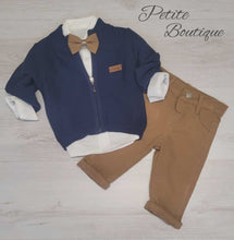 Load image into Gallery viewer, Boys 3pc set navy zip cardigan, trousers &amp; dickie bow shirt set