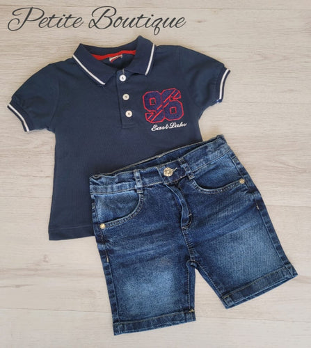 Boys navy polo shirt & jean shorts set