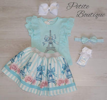 Load image into Gallery viewer, Mint green Paris top, skirt &amp; headband set