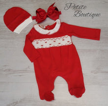Load image into Gallery viewer, White/red bow smock babygrow &amp; hat