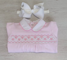 Load image into Gallery viewer, Pink heart smocked cotton babygrow