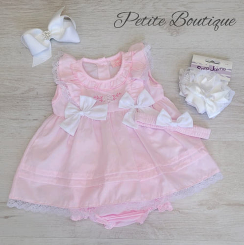 Pink/white double bow dress, pants & headband set