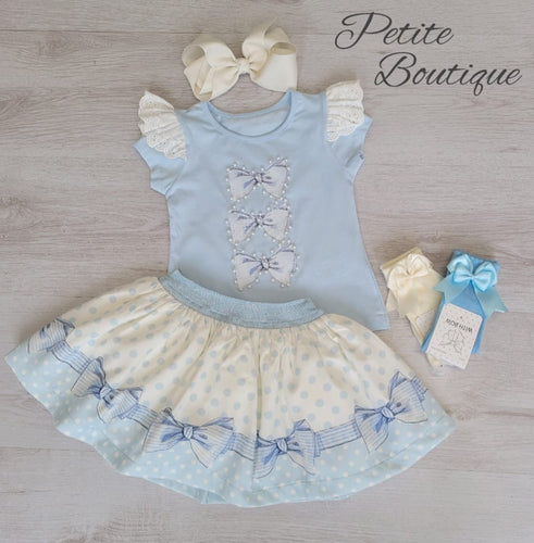 Blue/cream bow top & skirt set