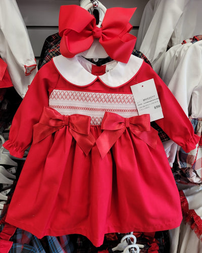 Red/white double bow smock dress