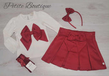 Load image into Gallery viewer, Caramelo dark red bow top &amp; skirt set with matching hairband