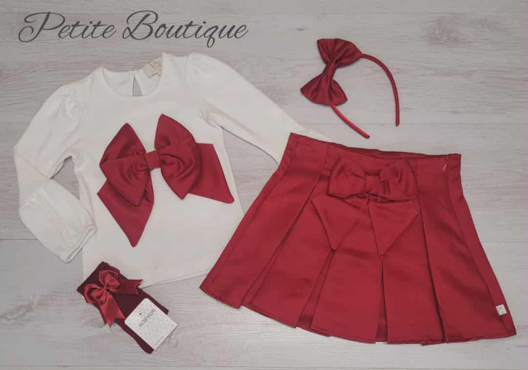 Caramelo dark red bow top & skirt set with matching hairband
