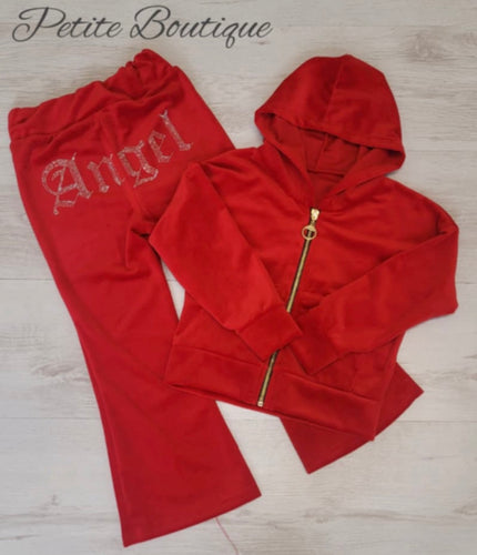 Red angel velour tracksuit top & flare bottom set