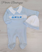 Load image into Gallery viewer, Smocked train babygrow with hat