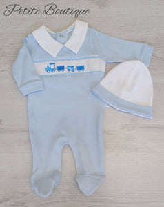 Smocked train babygrow with hat