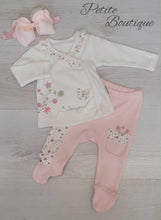 Load image into Gallery viewer, Pink butterfly 3pc set top, bottoms &amp; bow headband