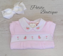 Load image into Gallery viewer, Pink robin smock babygrow