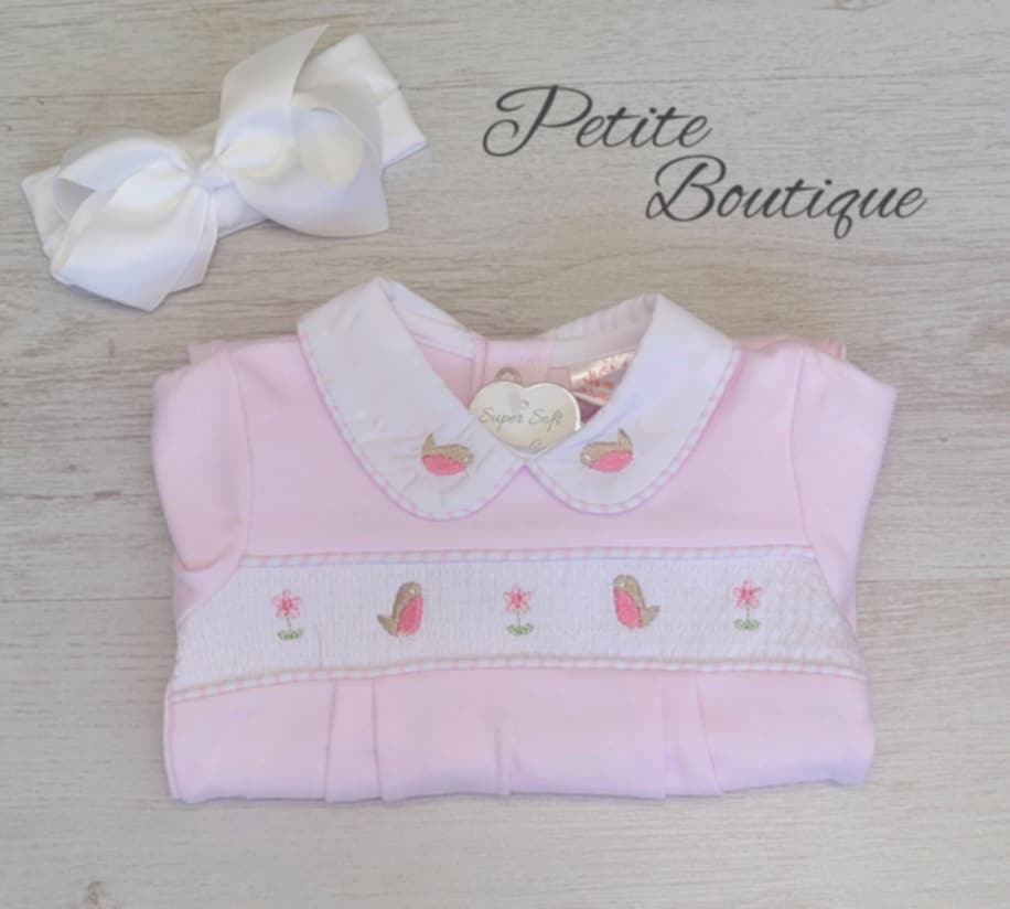 Pink robin smock babygrow