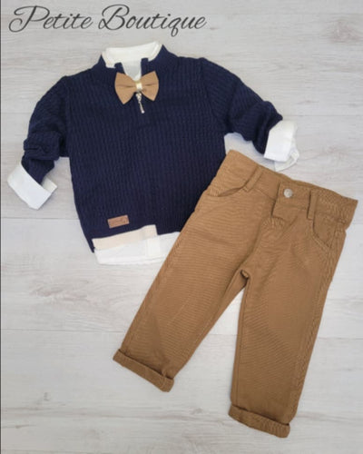 Boys 3pc set zip jumper, trousers & dickie bow shirt set