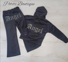 Load image into Gallery viewer, Black angel velour tracksuit top &amp; flare bottom set