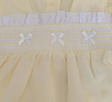 Load image into Gallery viewer, Lemon/white smocked trio bow frilly dress, pants &amp; headband set