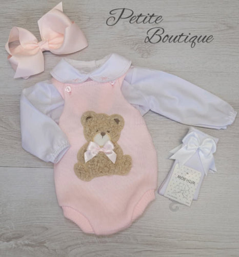 Pale pink teddy bear knit romper & shirt set