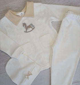 Cream rocking horse top, bottoms & hat set