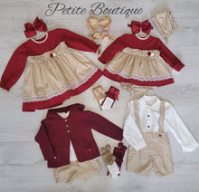 Load image into Gallery viewer, Spanish dark red/beige dress with matching pants &amp; bonnet