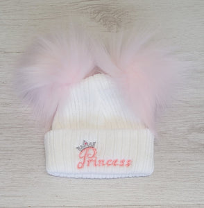 Prince/princess double faux fur pompom hat