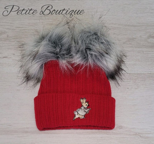 Red/grey peter rabbit double pompom hat