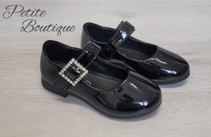 Girls black patent diamanté buckle shoes