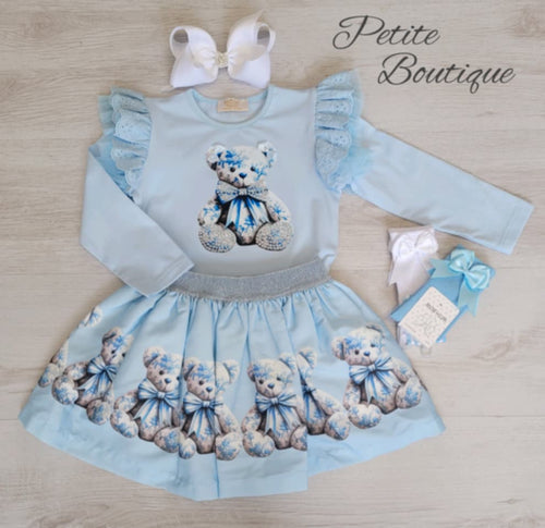 Blue teddy bear print top & skirt set