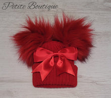 Load image into Gallery viewer, Red double pompom/bow hat